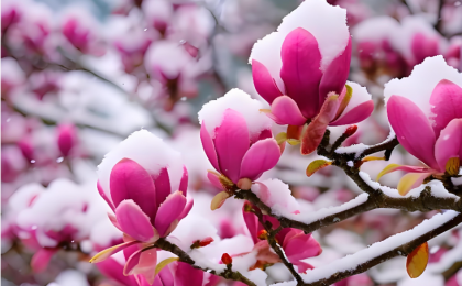 四川雅安：百年光叶玉兰迎雪绽放  